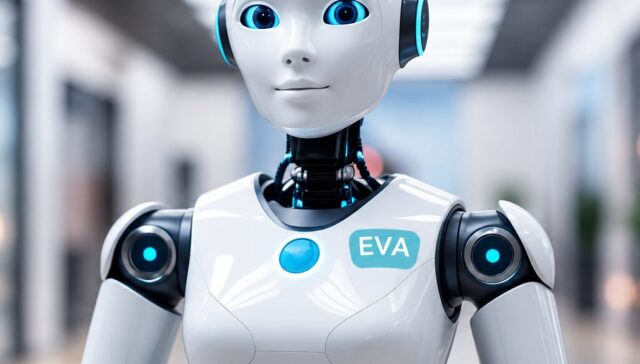 Eva, the AI recruiter of Jelle, a Rotterdam staffing agency, shown as a white robot with a headset and the Jelle logo