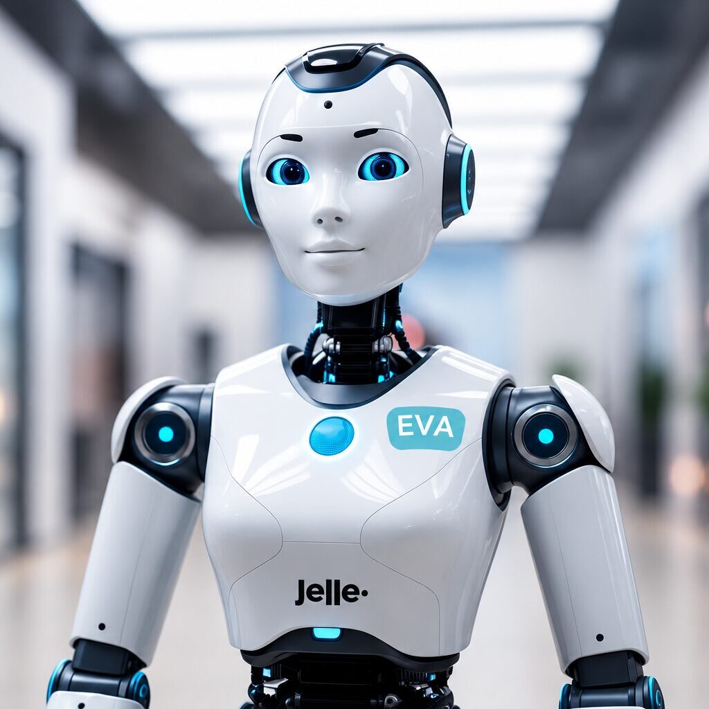 Eva, the AI recruiter of Jelle, a Rotterdam staffing agency, shown as a white robot with a headset and the Jelle logo